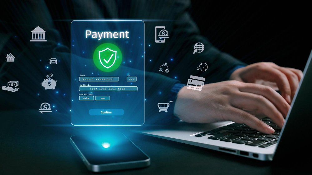 secure payment, data protection, online transaction, fintech background, cyber security, blue tones, modern illustration